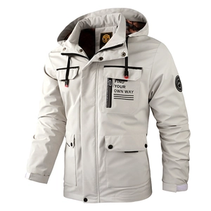 Mens hooded beige jacket windbreaker with chest zip pocket and find your own way text