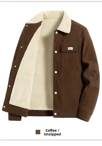 Detail view of coffee corduroy jacket with warm white fleece collar and metal buttons