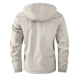 Men's warm padded parka jacket in light beige with hood, back view on white background
