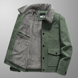 Herren Winterjacke aus軍grünem Cord mit dickem Fleece-Futter und Knopfverschluss