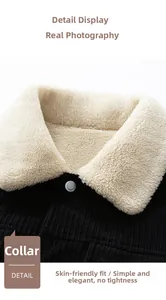 Detail of classic black corduroy jacket with a warm cream faux fur collar and silver button