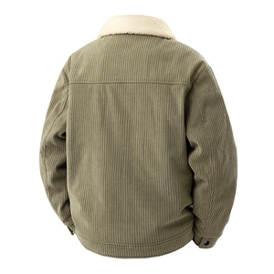 Men's retro corduroy jacket in olive green with warm white faux fur collar back view