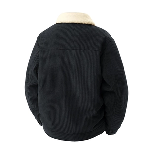 Men's black corduroy winter jacket with white sherpa collar, rear full view on white background