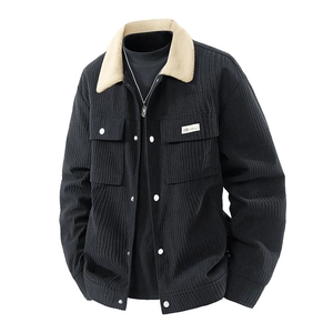 Men's retro corduroy jacket with beige shearling collar and white contrast buttons