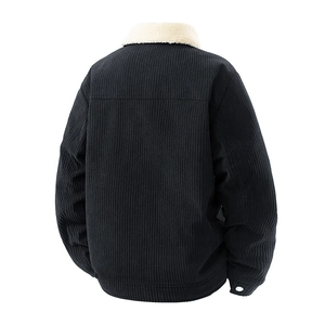 Back view of a black corduroy jacket for men with a white faux fur collar and retro texture