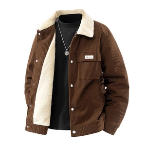Men's brown corduroy winter jacket with sherpa fleece lining and classic button-down front