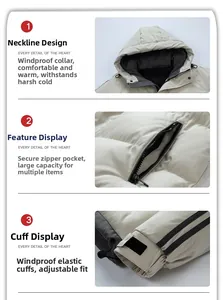 Winter parka details showing windproof hood, secure zip pockets and velcro elastic cuffs