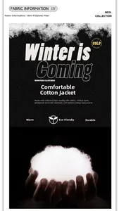 Detail view of winter puffer jacket showing 100% polyester thermal padding material