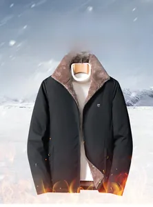 Detail view of winter jacket with thick brown fleece lining and metallic logo on chest