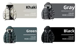 Detail showing hooded winter puffer jacket options in khaki, grey, green, and black colors