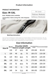 Detailed size guide table for hooded puffer jacket featuring M-5XL dimensions and specs