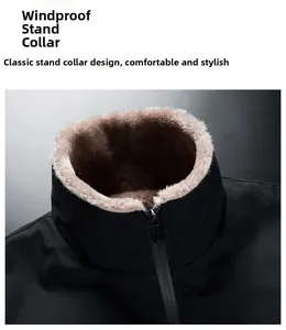 Detail of windproof stand-up collar with thick warm fleece lining on black jacket