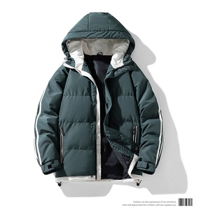 Detailed view of dark green hooded puffer jacket featuring contrast white trim and double zipper