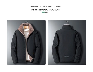 Detailed front and back views of a thick men's winter jacket with faux fur collar
