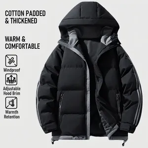 Men Thickened Hooded Padded Jacket Winter Warm Windproof Loose Fit Solid Color Polyester Filling Streetwear Puffer Coat