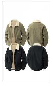 Flat lay detail showing corduroy jackets with sherpa fleece collar in black and green