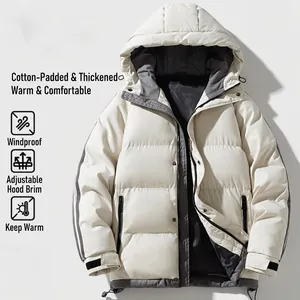 Winter padded puffer jacket with hood for men and women, windproof thermal ivory coat
