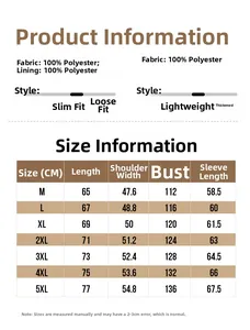 Size chart for fleece-lined jacket with measurements in centimeters from M to 5XL
