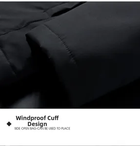 Close-up of the windproof ribbed cuff design on a thick black winter jacket for men
