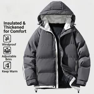 Men's thickened hooded puffer jacket with loose fit and contrast white lining detail
