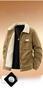 Close-up of classic khaki corduroy jacket with 3D stereoscopic button details and warm lining