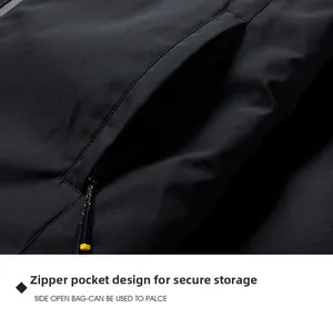 Close-up of a secure side zipper pocket on a thick winter jacket with textured fabric