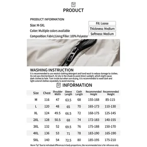 Size chart for oversized winter hooded puffer jacket including measurements from M to 5XL