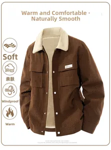 Detailed macro view of brown corduroy fabric with warm fleece collar and metal buttons