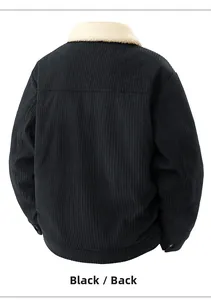Detail of black corduroy jacket back with white faux fur collar and textured ribbed fabric