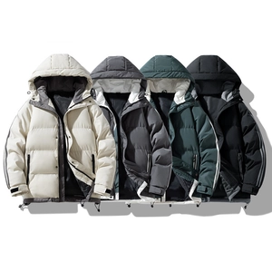 Heavyweight hooded winter puffer jackets in beige, grey, green, and black for men and women