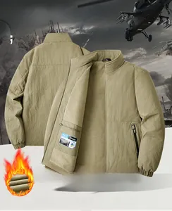 Detailed view of men's winter outdoor jacket with stand collar and warm fleece lining