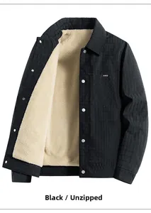 Detail of men's black jacket featuring warm fleece lining and textured grid fabric