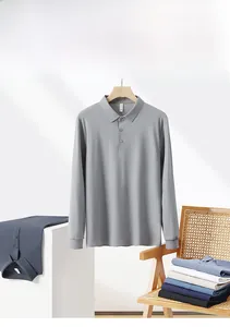 Detailed view of breathable ice silk fabric on men's long sleeve polo shirts in five colors