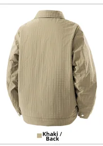 Detailed back view of khaki men's jacket showing block checkered pattern and rib hem