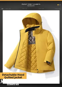 Detail of a yellow padded jacket with a detachable hood and a warm quilted lining
