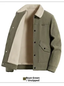 Men's retro corduroy jacket in pea green with warm sherpa lining and open front layout