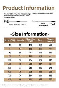 Size chart for men corduroy jacket showing measurements from M to 8XL in centimeters