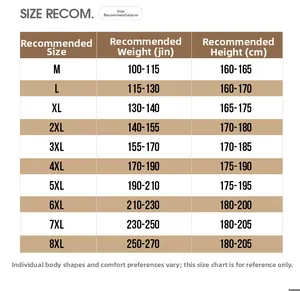 Size chart for winter corduroy jacket from M to 8XL with height and weight recommendations