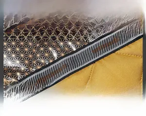 Detail showing diagonal strap and gold geometric star patterns on winter outdoor jacket