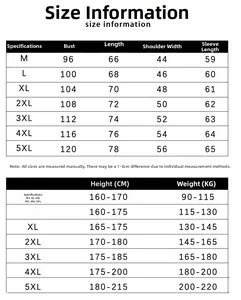 Detailed size chart for men's cotton polo shirts from size M to 5XL with measurements