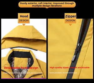 Detail view of yellow hooded jacket showing detachable hood and high quality black zipper