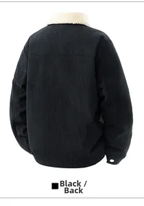 Back view of a black corduroy jacket for men featuring a white faux fur fleece collar