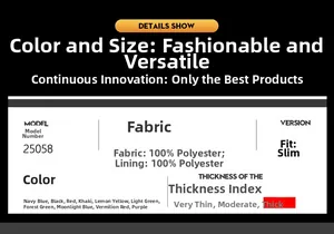 Detailed size chart and fabric specs for a thick polyester outdoor waterproof jacket