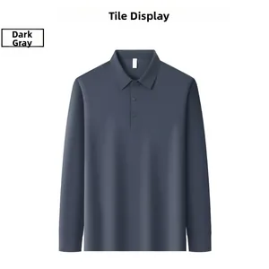 Detail of dark grey long sleeve polo shirt with ribbed cuffs and classic three-button placket