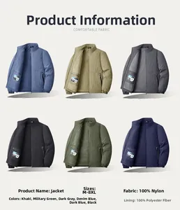 Detail view of men's stand collar jacket showcasing six colors and fabric material specs
