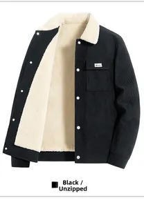 Detail view of black corduroy jacket with white fleece collar and snap button closure