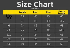 Detailed size chart for men and women outdoor jacket from size M to 5XL in centimeters