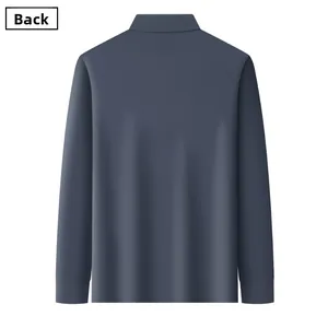 Detailed back view of a men's long-sleeve cotton polo shirt in dark bluish grey color
