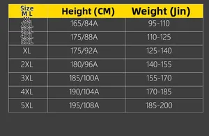 Size chart for winter jacket showing height and weight for sizes M to 5XL