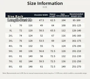 Detailed size chart for men outdoor jacket with measurements from size M to 8XL